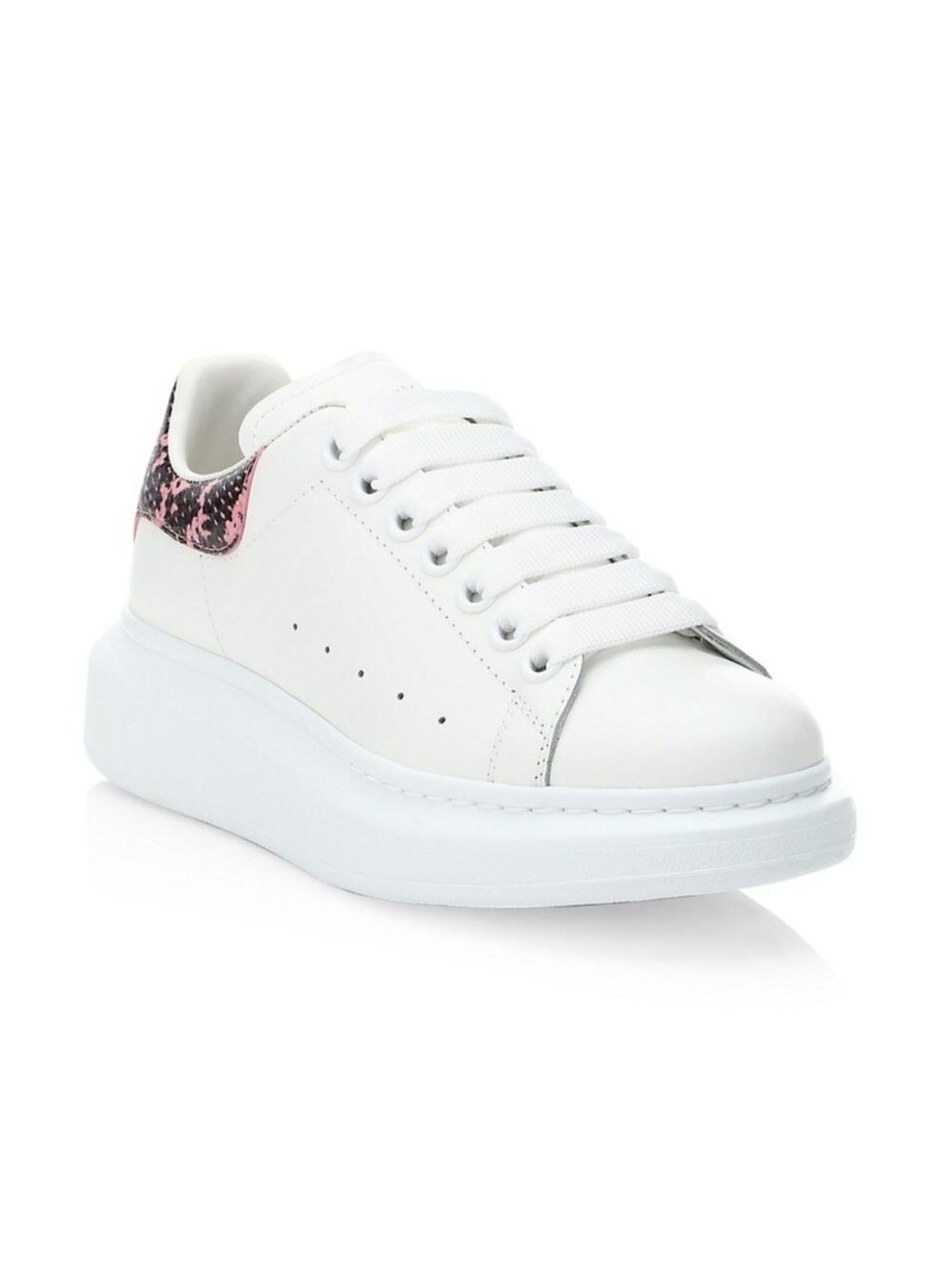 Alexander McQueen White Platform Sneaker with Pink Snake-Print Heel Tab